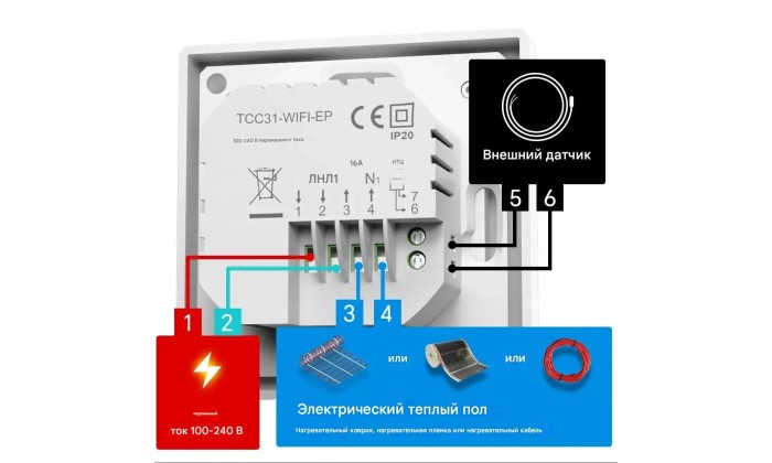 Проводной WiFi термостат TCC31 Black/White